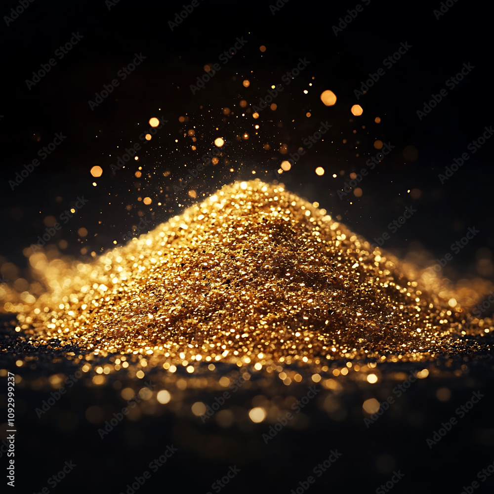 Poster pile of sparkling gold dust glimmers under direct light, creating mesmerizing effect. shimmering par
