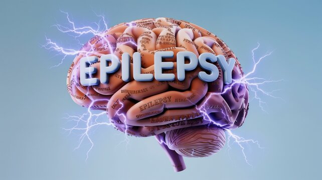 3D human brain with electricity lines around it with textual words "EPILEPSY". migraine seizure disorder, neurological disorder, migraines, brain waves, mental health concepts.