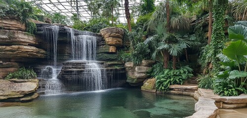 Naklejka premium Majestic Waterfall Cascading into a Serene Pool Surrounded by Greenery