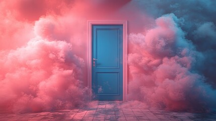 A blue door surrounded by vibrant pink and blue clouds, creating a surreal atmosphere.