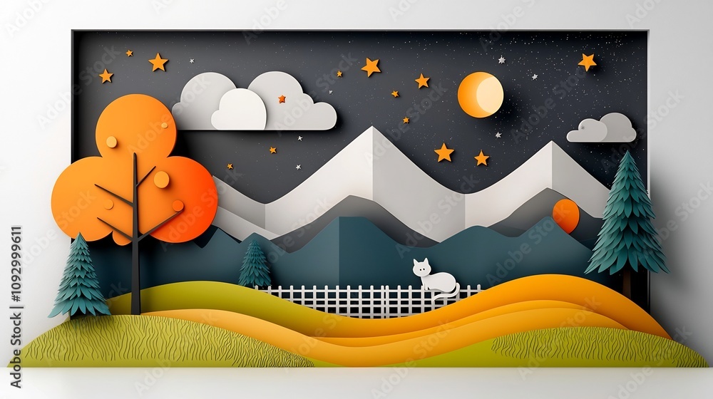 Poster captivating paper cut style of a cat sitting on a fence against a dreamy starry night sky backdrop w
