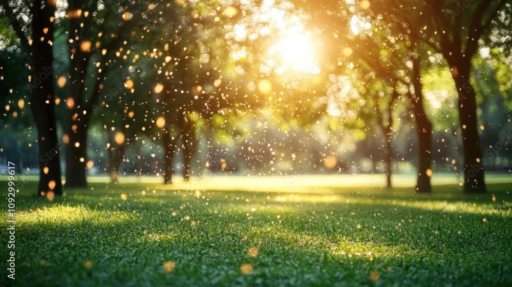 Poster a serene park scene with sunlight filtering through trees, creating a magical atmosphere.