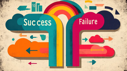 Fototapeta premium Success or Failure. A colorful illustration contrasting success and failure, featuring arrows and clouds, symbolizing choices and outcomes in life.