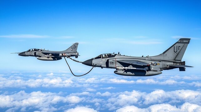 Two powerful jet fighter aircraft refueling mid air against a backdrop of a bright blue sky during a critical military or combat mission