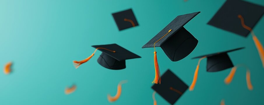 Graduation banner, diplomas and graduation caps flying, 3D illustration