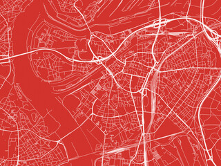Christmas Map of Duisburg, Germany in Snowy White on Festive Red Background.