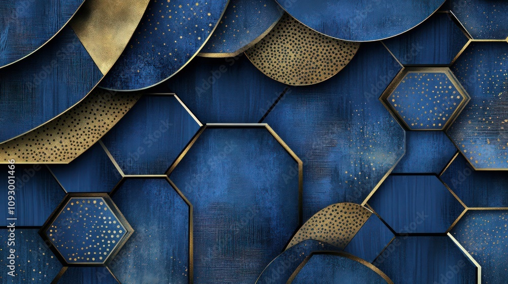 Aufkleber refined artistic piece in shades of navy blue and metallic gold. featuring overlapping hexagons with
