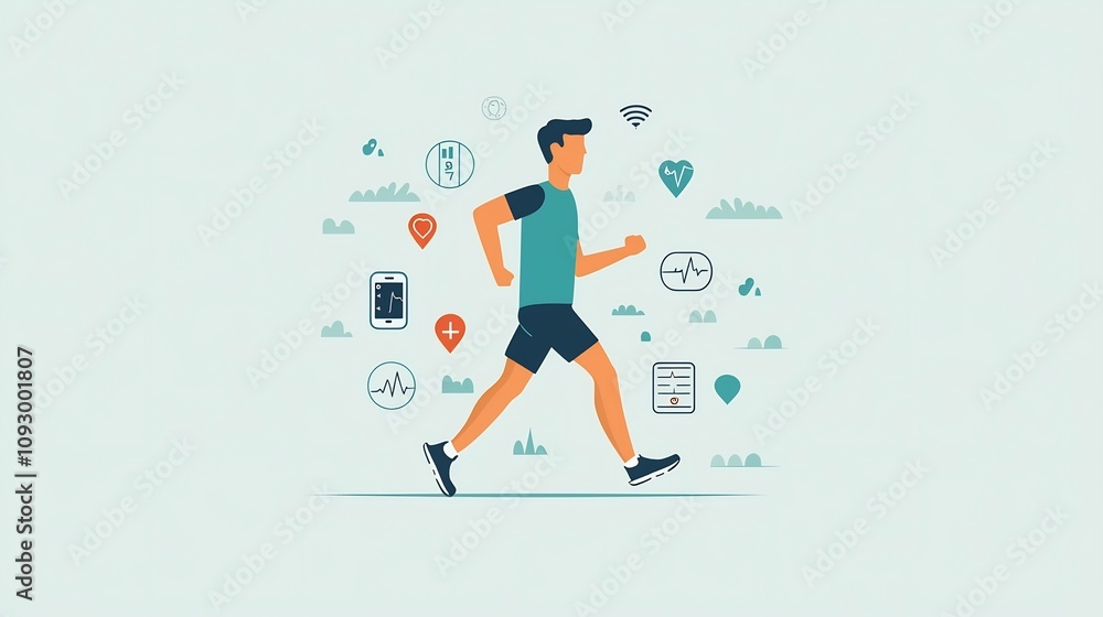 Poster clean flat design of a person wearing a fitness tracker device displaying health data icons like hea