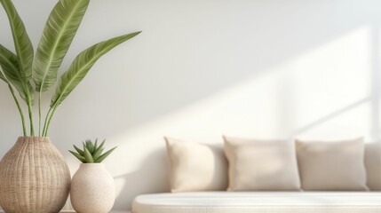 interior design sustainable bohemian concept, A cozy living space featuring a light-colored sofa, decorative cushions, and indoor plants, illuminated by soft natural light.