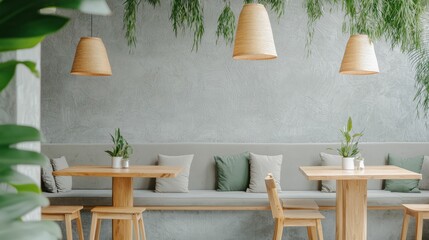 interior design sustainable bohemian concept, A serene cafe interior featuring wooden tables, cozy seating, and hanging plants, creating a fresh, inviting atmosphere.