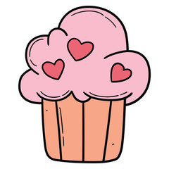 Hand drawn cartoon cute cupcake with hearts on white background.