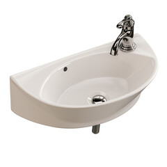 A white sink with a silver faucet