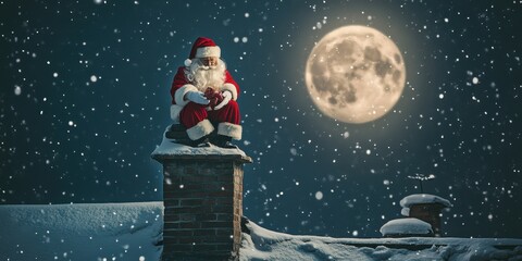 Santa Claus on a snow-covered rooftop, placing gifts inside chimneys under the glow of the moon