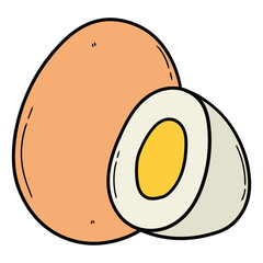 Hand drawn cartoon half and whole boiled eggs on white background.