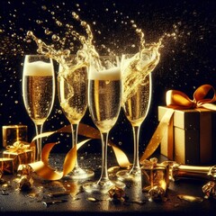 Celebration theme: glasses of champagne with splash, isolated on black. AI generated.
