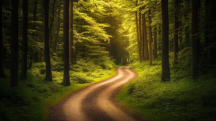 Obraz premium Beautiful Green Forest with Trees and a Path in Spring or Summer. AI generated illustration