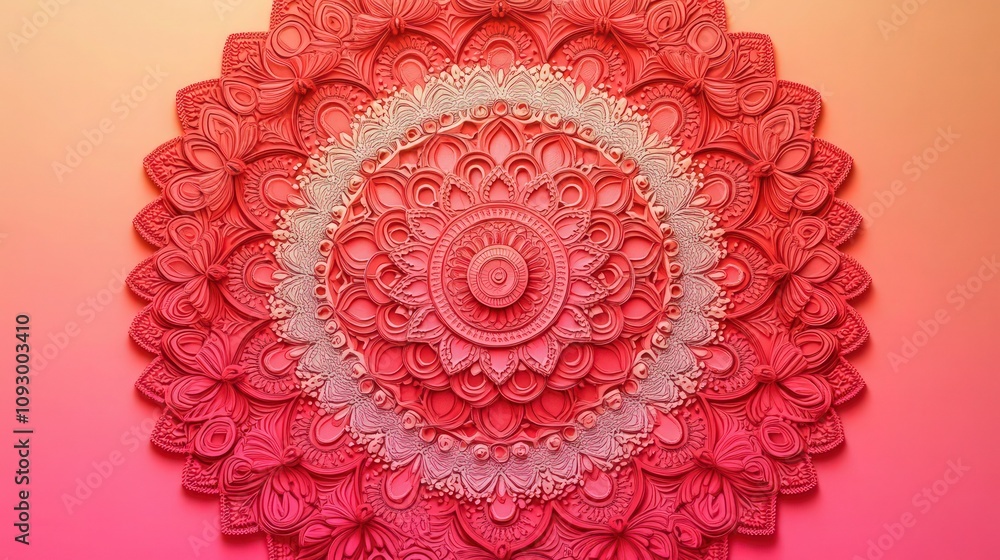 Poster striking mandala crafted in warm reds and soft pinks, displayed on a background that transitions fro
