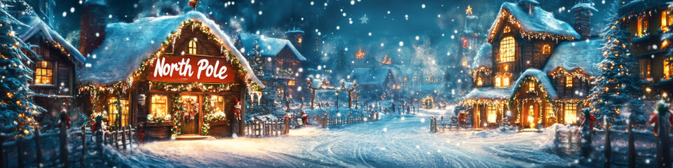 A Christmas scene with a red sign that says North Pole. The scene is filled with snow and houses