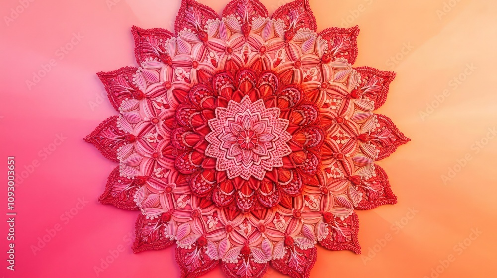 Poster striking mandala crafted in warm reds and soft pinks, displayed on a background that transitions fro