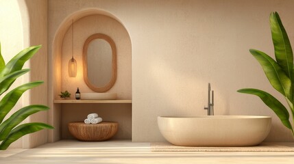 Fototapeta premium interior design sustainable bohemian concept, A serene bathroom featuring a modern freestanding tub, natural elements, a curved archway, and lush green plants, creating a tranquil and stylish atmosphe