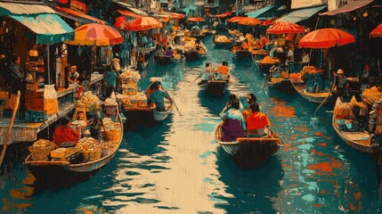 Obraz premium Vibrant Floating Market Scene with Boats and Colorful Umbrellas in a Bustling Waterway