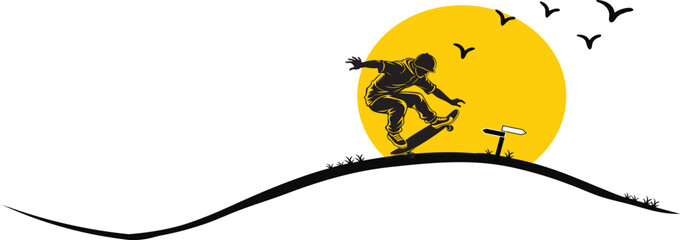  Boy with skateboard maneuver sports skilled, skateboarder performing a trick mid air black vector © Shalahin_Rabbi