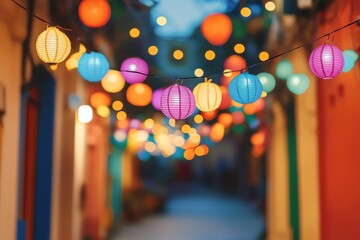 Naklejka premium Colorful lanterns illuminating a vibrant alleyway.