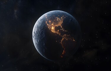 Fototapeta premium Earth at night, city lights aglow, North & South America visible, vast darkness of space