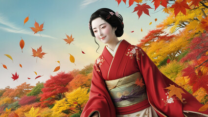 A serene woman with a gentle smile, porcelain skin, and dark hair adorned with subtle cherry blossom clips, stands amidst a vibrant autumn foliage, clad in a traditional Japanese red kimono with intri