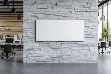 Blank horizontal poster on grey stone wall in modern office. 3D rendering