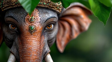 Close up Photographic Portrait of an Intricately Carved Sculpture Depicting Ganesha the Revered Hindu Elephant headed Deity  The Image Highlights the Delicate Craftsmanship of the Eyes Crown
