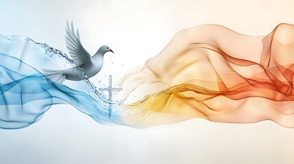 A vibrant banner featuring images of a dove, water, and a cross, symbolizing the Christian sacraments of Baptism and Confirmation, representing spiritual rebirth and the strengthening of faith.