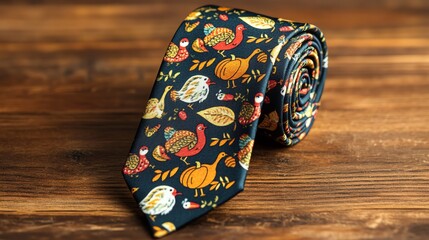 Colorful patterned tie wrapped on wooden surface.