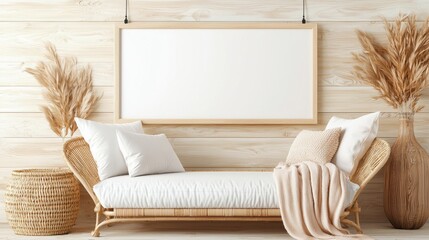 Hanging photo frame mockup with rustic design concept. Cozy interior featuring a lounge, cushions, and decorative elements