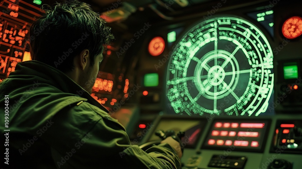 Aufkleber close up view of a crew member operating the advanced control and radar systems on the helm of a hig