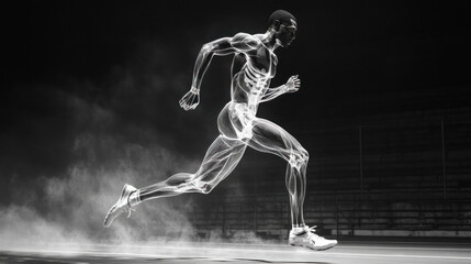 Silhouette of a runner with transparent skeletal view