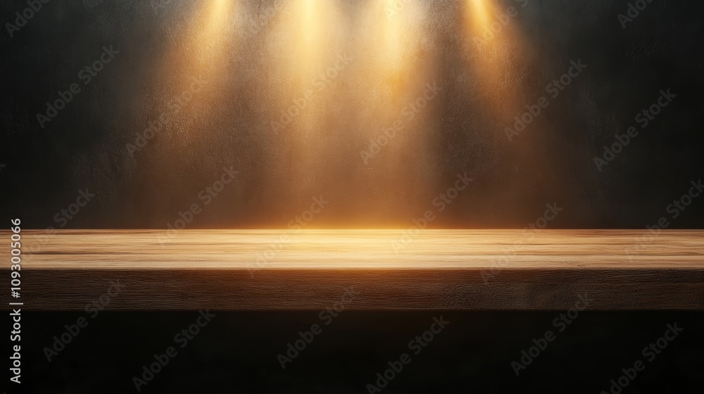 Poster rustic wooden table illuminated by overhead light, natural texture and warm tones for design project