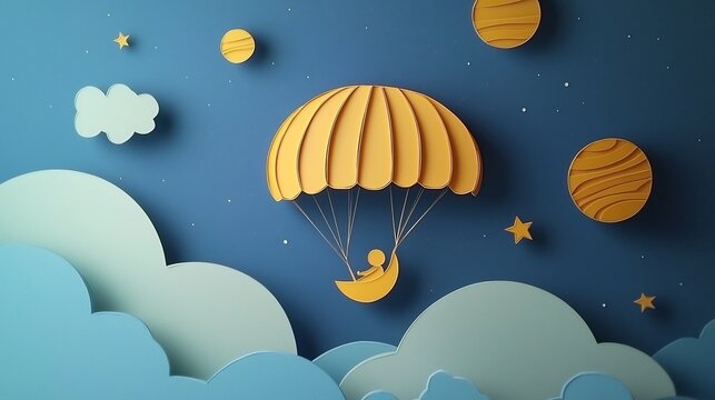 Whimsical paper cut of a paraglider soaring towards the moon surrounded by layered clouds stars and planets creating a sense of adventure and through a magical surreal space landscape