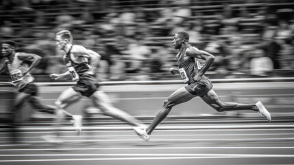 Blurred runners speeding in indoor track competition