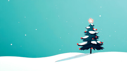 A Christmas tree is standing in the snow on a blue background. The tree is decorated with lights and a star on top. The scene is peaceful and serene, evoking a sense of holiday cheer and warmth