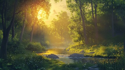 Summer Forest Landscape with a Small River and Sunlight Through Trees, AI generated illustration