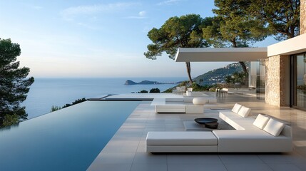 Fototapeta premium Modern villa with minimalist outdoor seating area offers stunning sea views
