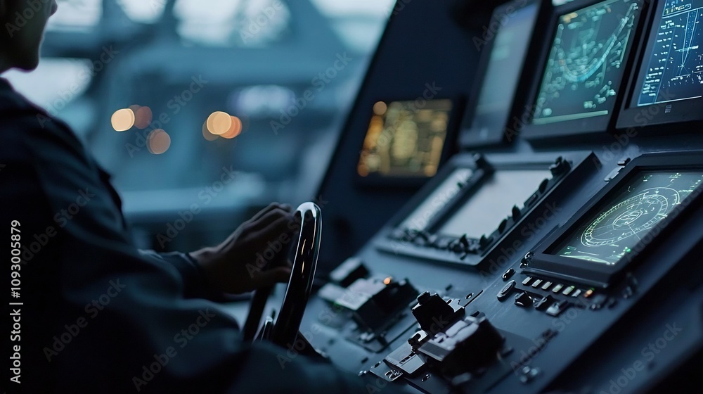 Aufkleber close up view of the ship s helm and radar systems with a crew member in focus operating the navigat