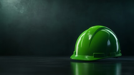 Green hard hat on dark background, essential safety gear for construction and industrial workers