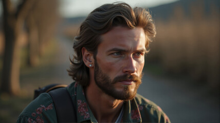 Portrait of a thoughtful hiker resting in nature during golden hour