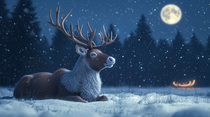 Fototapeta premium Christmas background wallpaper decorations scenery. Resting reindeer in snowy field under moonlight
