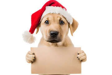 Happy puppy dog in Christmas hat holding blank paper or banner in paws, isolated on white background	