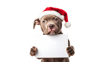 Happy puppy dog in Christmas hat holding blank paper or banner in paws, isolated on white background	