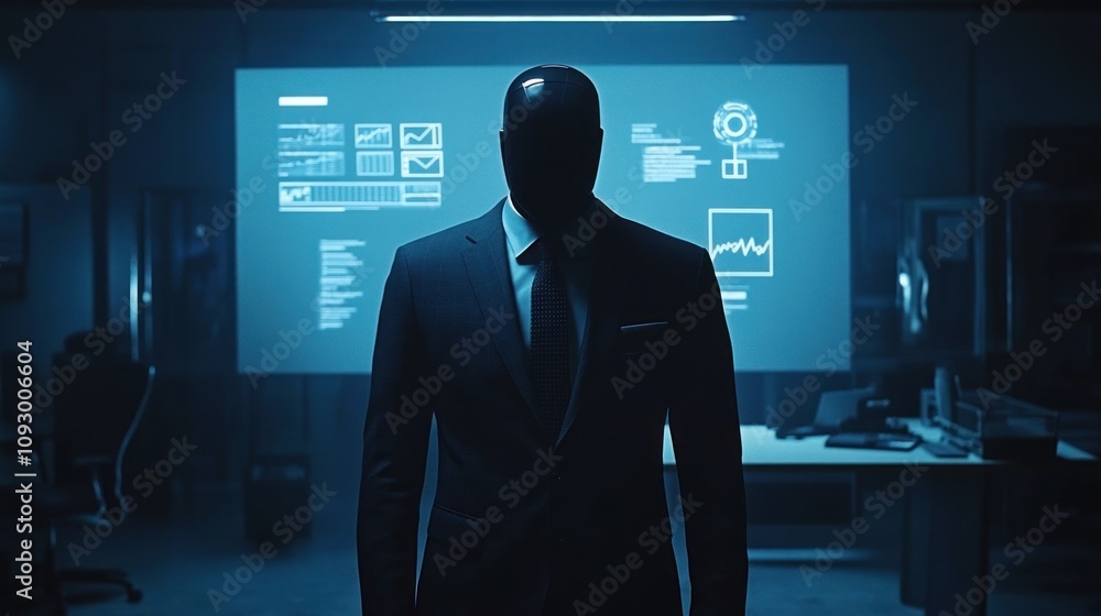 Poster a silhouetted figure in a suit stands before a digital screen displaying data and graphs.