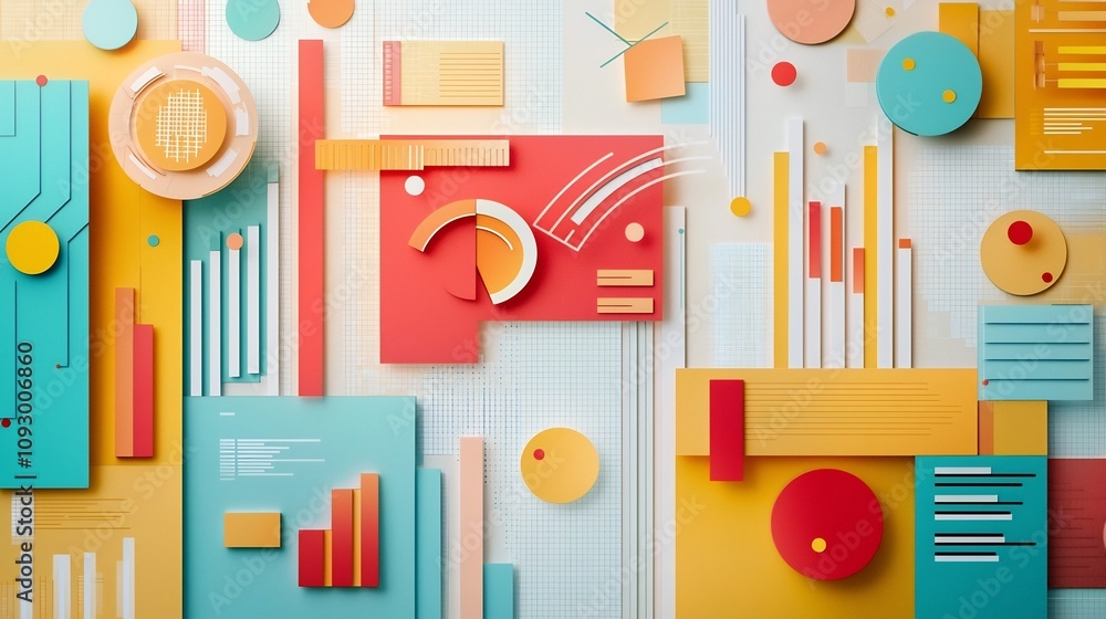 Poster colorful paper cut design visualizing digital advertising performance through charts glowing metrics